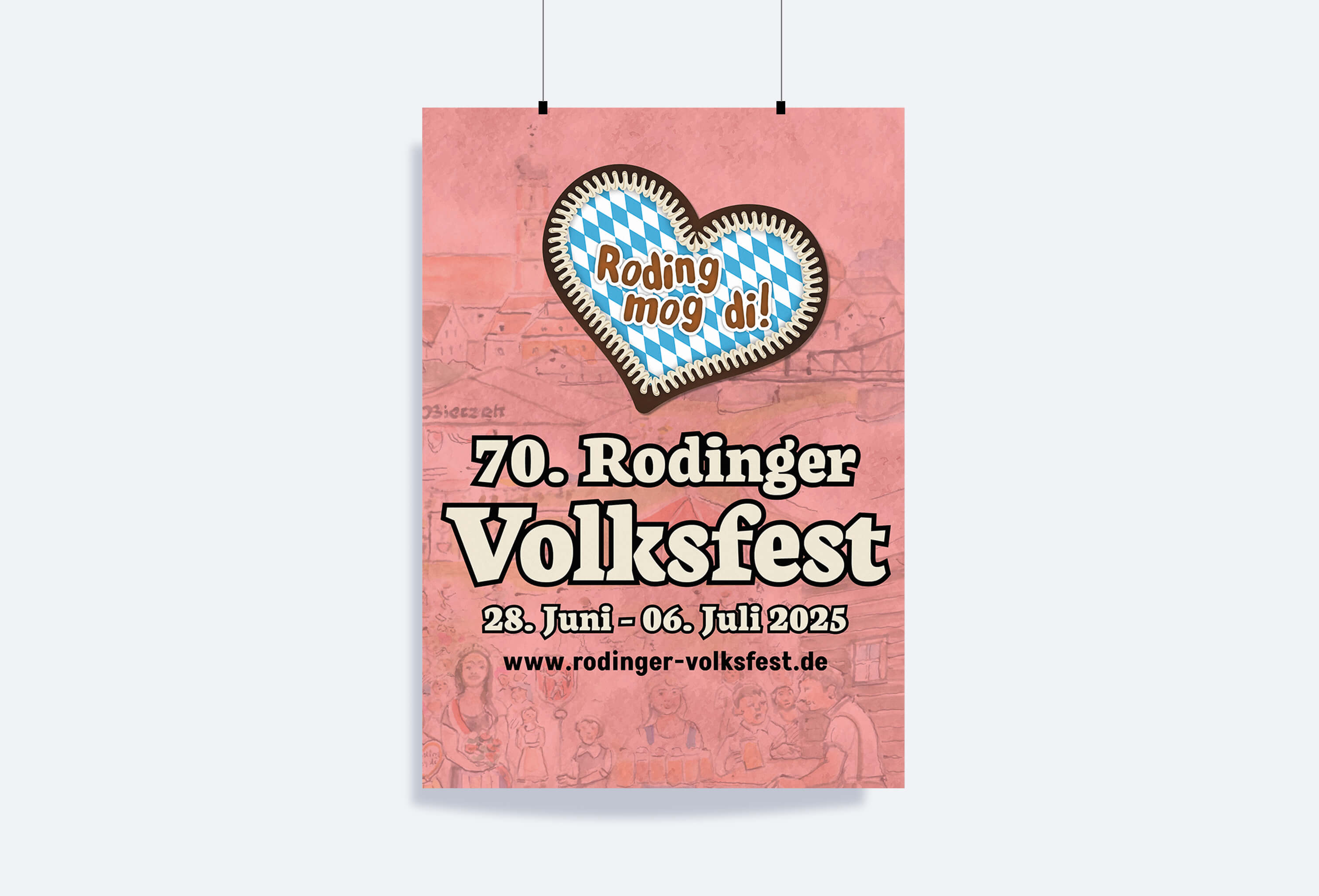 Das Plakat zeigt die Aufschrift „Roding mog di“ vor einem Aquarell-Hintergrund, der die Stadtsilhouette von Roding sowie einen Eindruck vom Volksfest darstellt.